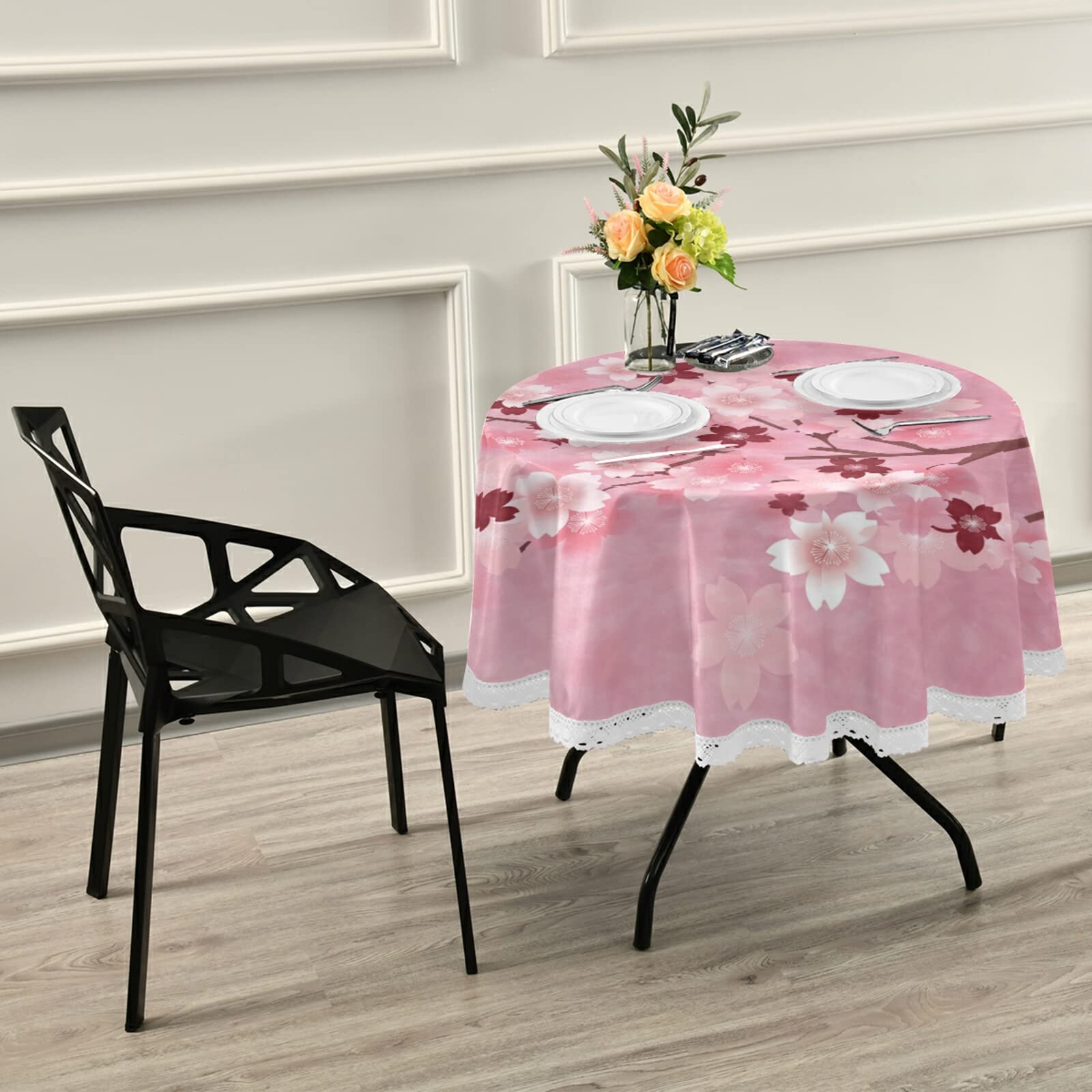 ALAZA 60 Inch Round Pink Cherry Blossom Floral Tablecloth - Washable Polyester Lace Table Cover for Kitchen, Dining, Party & Picnic Decor | Perfect for Spring Celebrations & Outdoor Gatherings