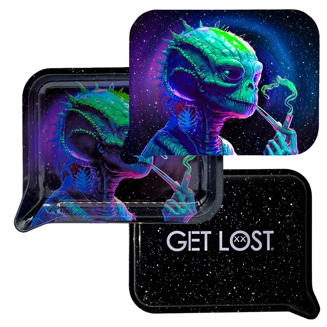 3D Magnetic Rolling Tray with Funnel Lid - Small Metal Herb Tray with Unique Alien Design | Portable Smoking Accessory for Travel & Home Use