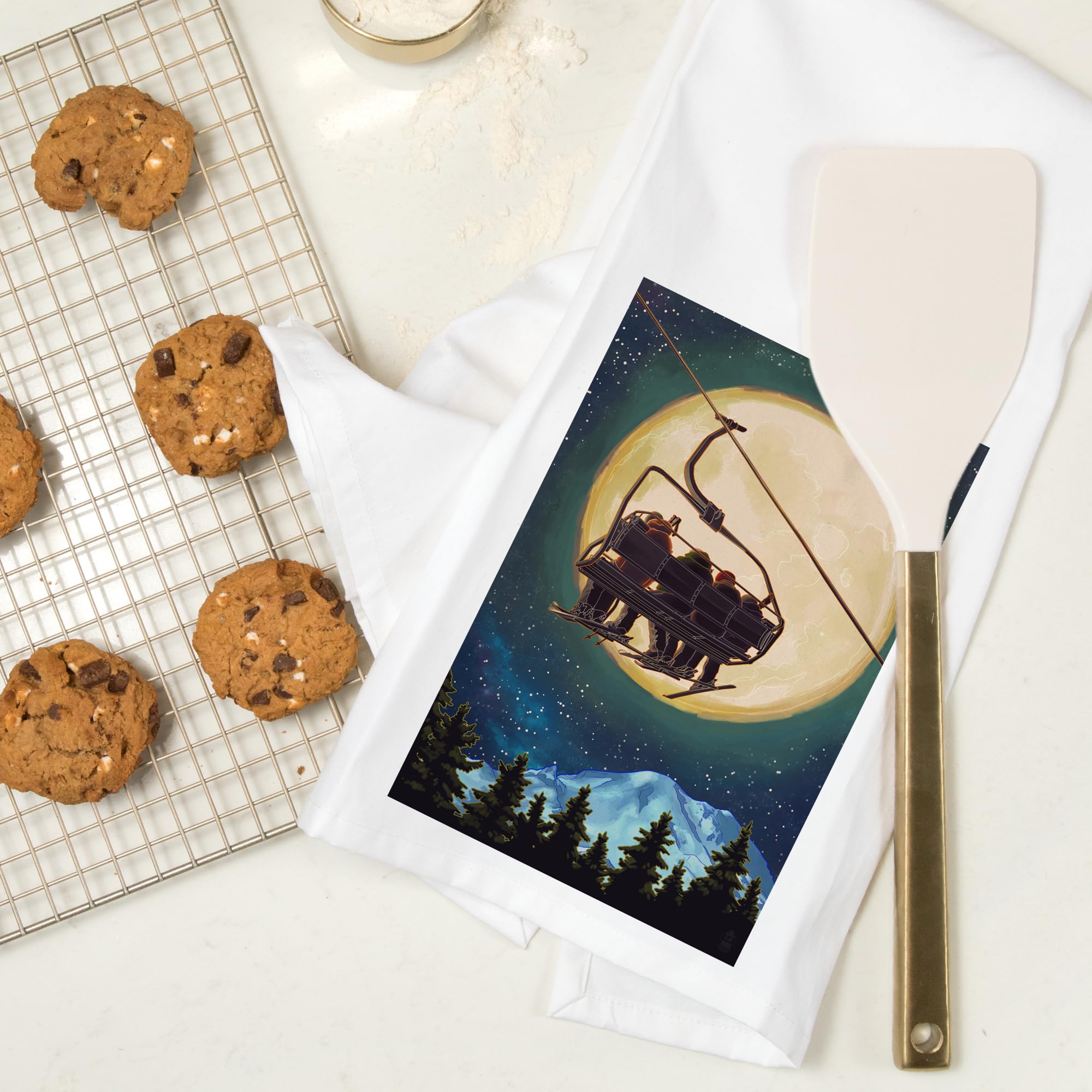 Lantern Press Ski Lift and Full Moon Cotton Tea Towel - 100% Soft Absorbent Kitchen Hand Towel, Decorative Home Dish Towel for Cooking, Drying Dishes & Cozy Cabin Decor