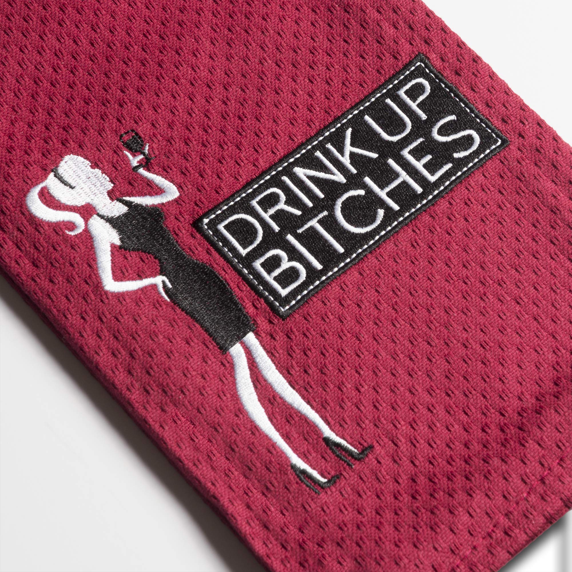 29 x 18 Inch Embroidered Cotton Kitchen Towel for Wine Lovers - Funny 'Drink Up Bitches' Quote - Perfect for Gifts, Parties & Wine Tasting Events