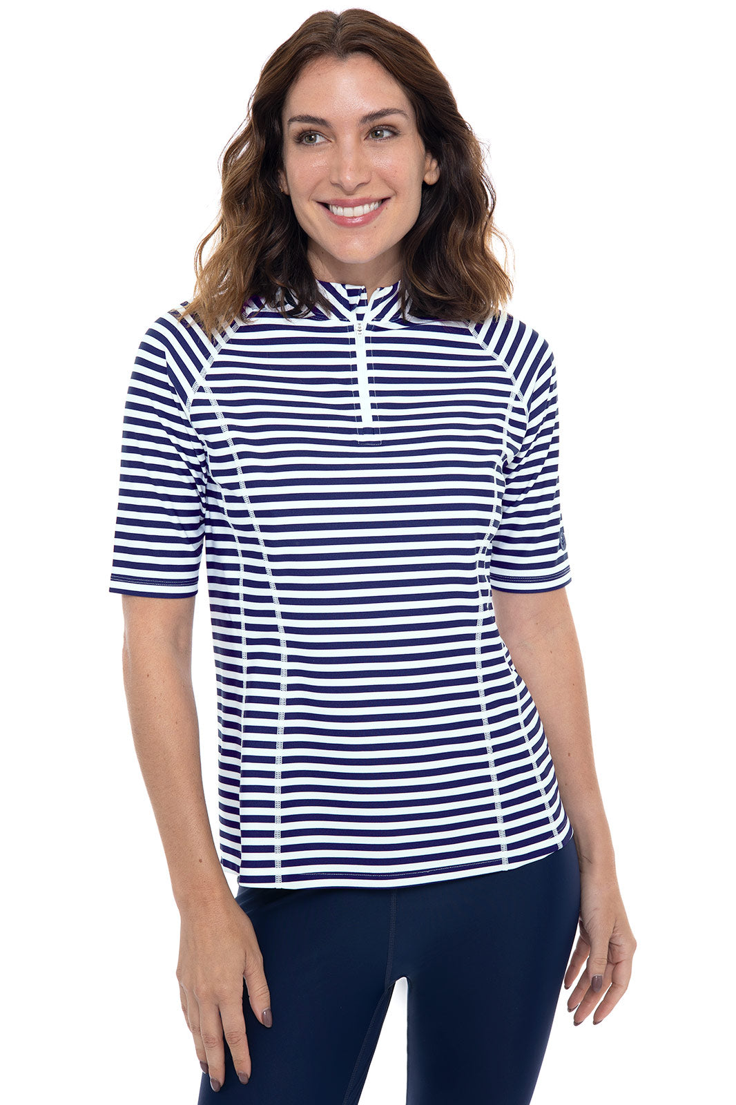 Women's Freestyle Short Sleeve Rash Guard UPF 50+ Sun Protection - White & Navy Stripe Swim Shirt for Surfing, Swimming & Beach Activities