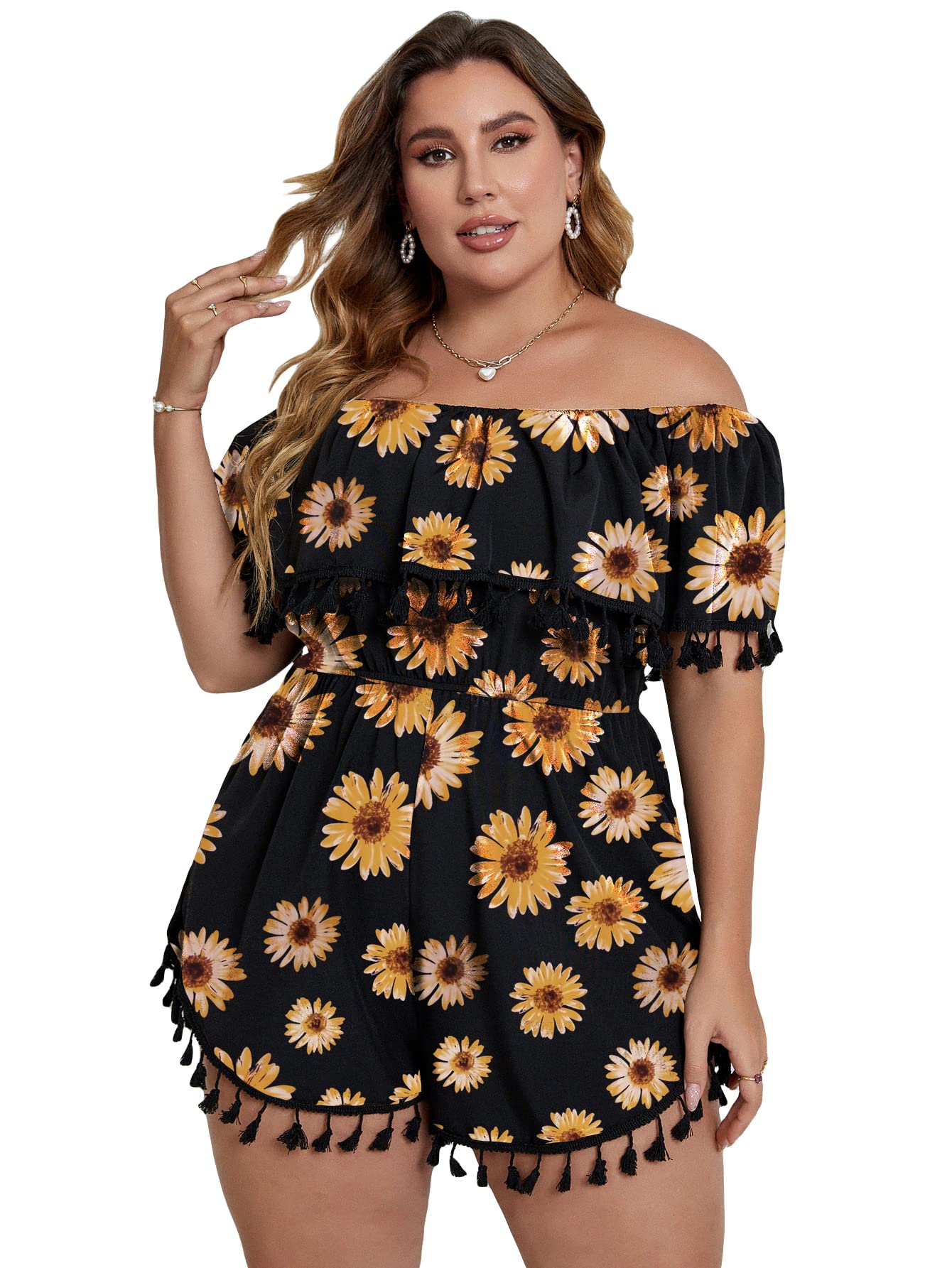 WDIRARA Women's Plus Size Floral Off Shoulder Short Sleeve Fringe Boho Short Jumpsuit Romper - Casual Summer Outfit for Beach, Party & Vacation