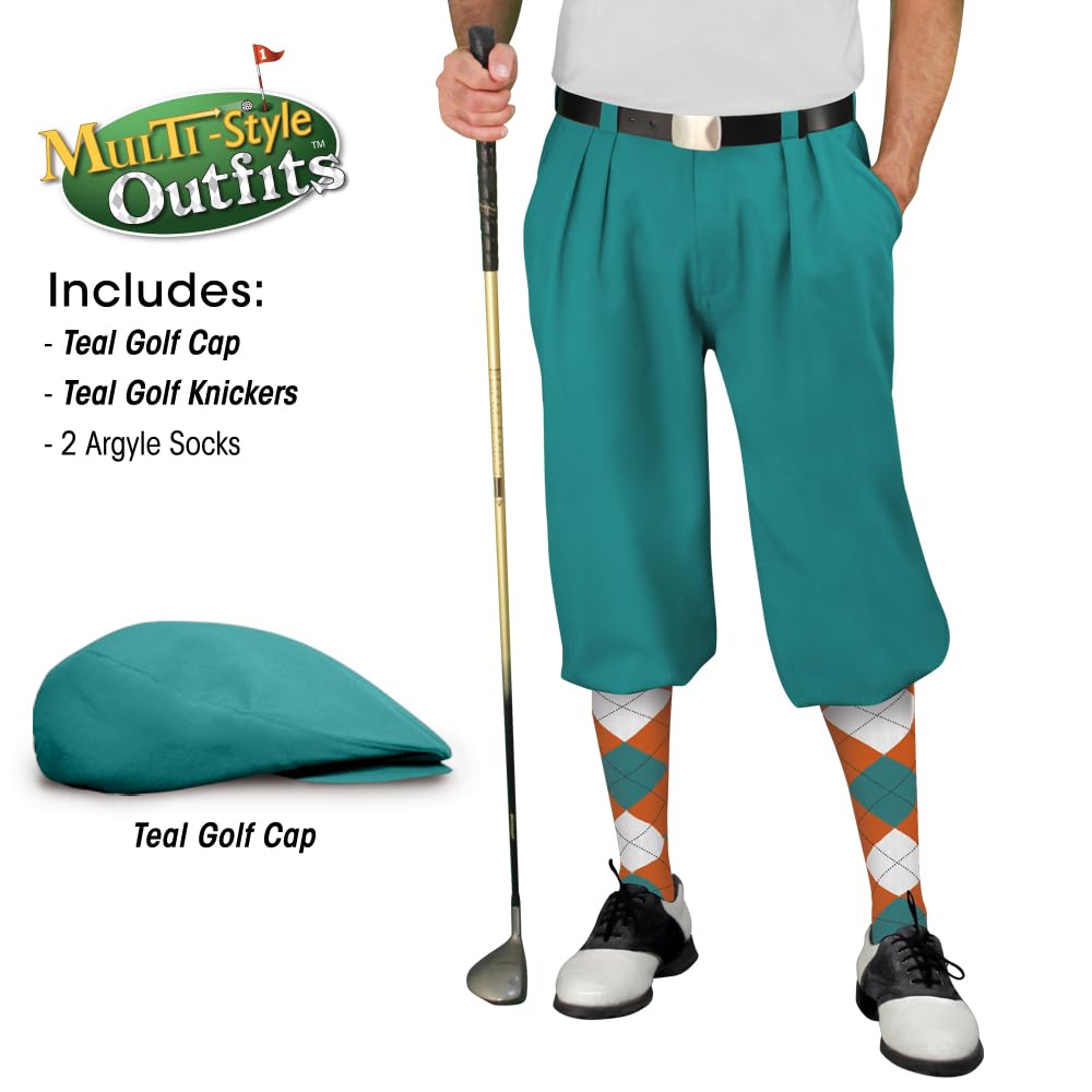 Men's Teal Golf Outfit Set - Matching Knickers, Cap & 2 Over-The-Calf Socks - Stylish Golf Attire for Casual Play & Tournaments
