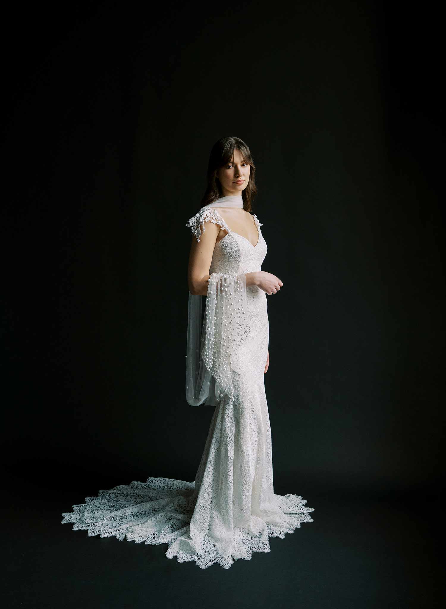 Elegant Mixed Pearl Embroidered Wedding Veil - Chapel Length Bridal Scarf (Style #2577) | Perfect for Church Ceremonies & Romantic Photoshoots
