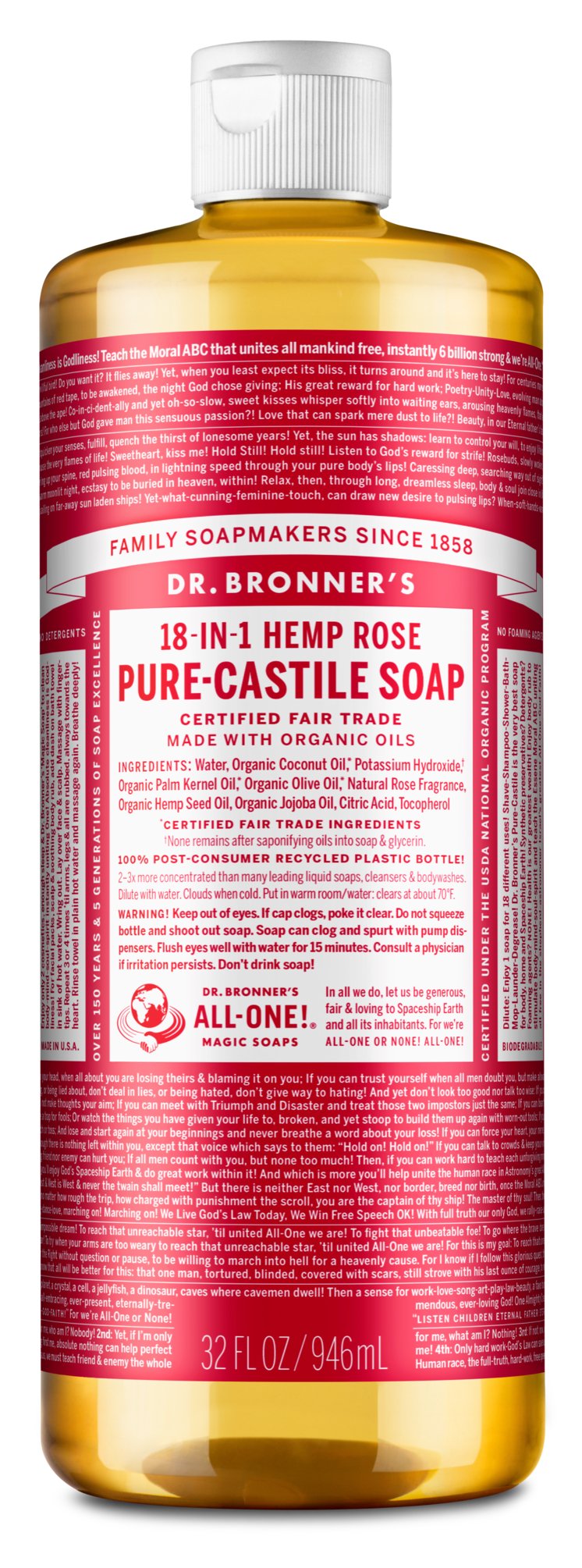 Dr. Bronner's Pure-Castile Liquid Soap - Organic Rose Scent (18-in-1 Uses: Body Wash, Face Cleanser, Shampoo & More) for Sensitive Skin & Eco-Friendly Home