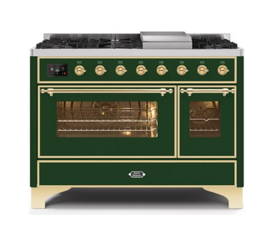 ILVE Majestic II 48-Inch Dual Fuel Natural Gas Freestanding Range - Emerald Green with Brass Trim (Model UM12FDNS3EGG) | Professional Kitchen Appliance for Home Chefs & Cooking Enthusiasts