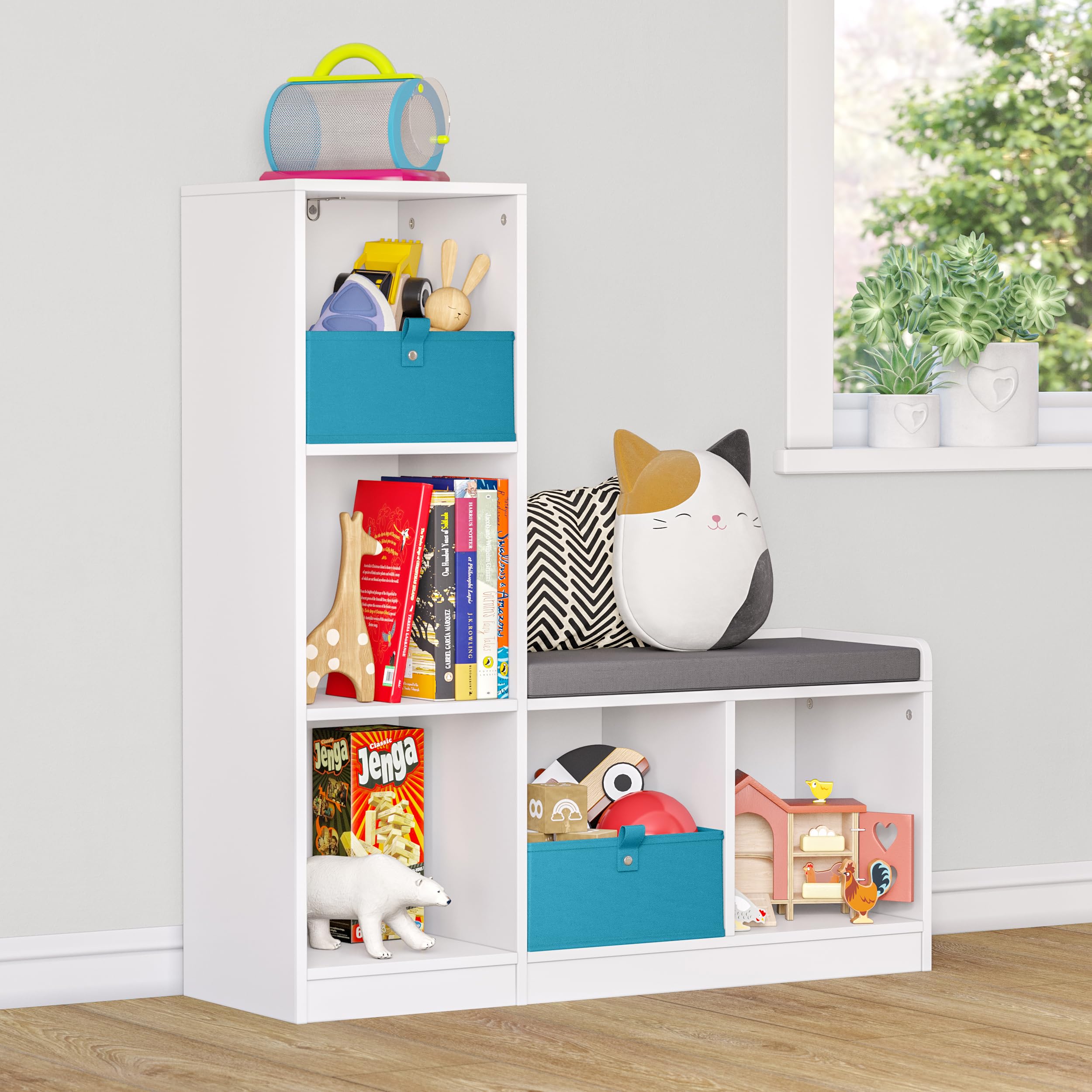 RiverRidge Kids Toy Storage Organizer Bench with 5 Cubby Bins, 2 Turquoise Fabric Bins & Cushioned Seat - Playroom, Bedroom, Nursery Organization for Toys, Books & Clothes - Perfect for Montessori Classrooms & Daycare Centers