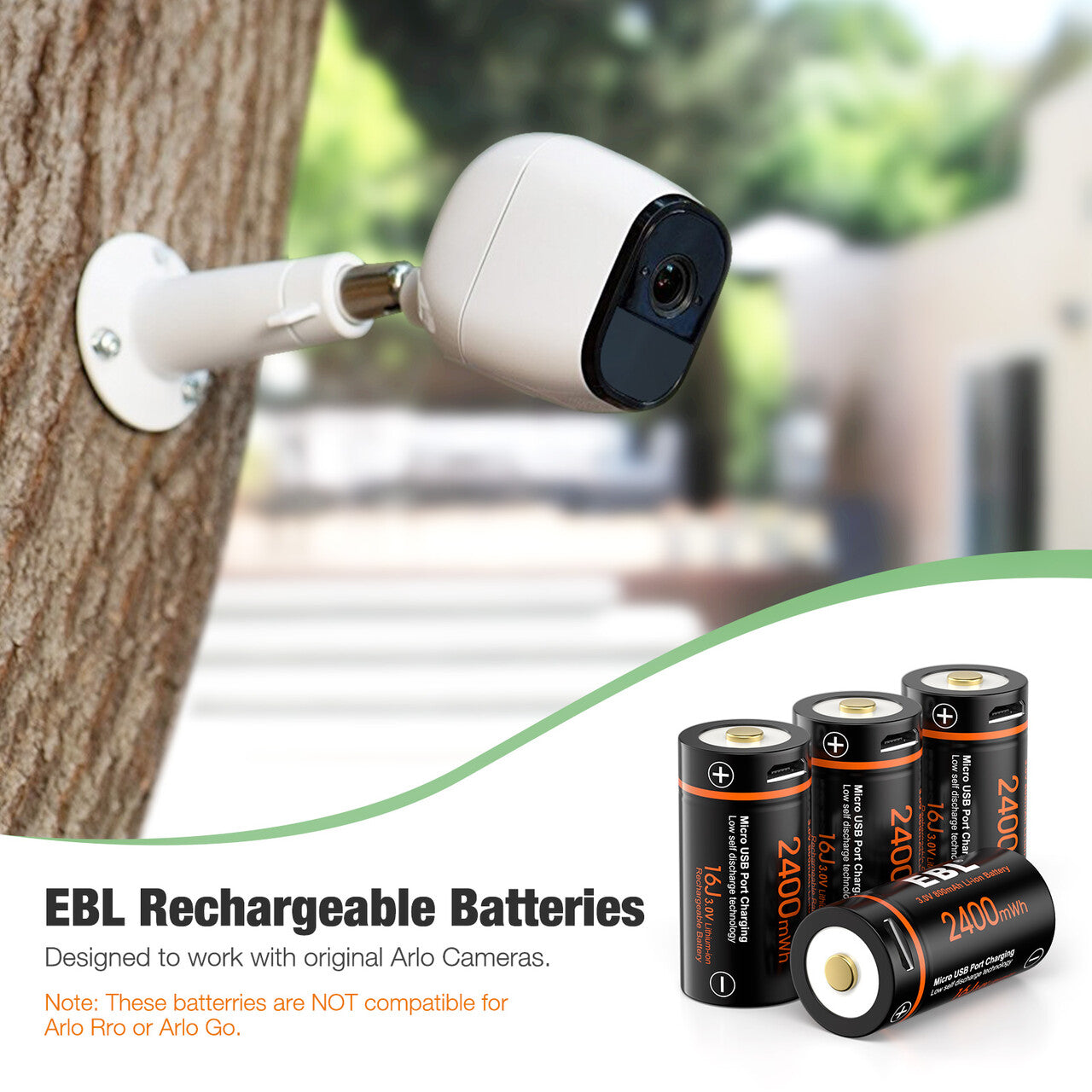 EBL 4 Pack CR123A 3V Lithium Battery 2400mWh High Capacity - Includes Micro USB Charging Cable - Perfect for Digital Cameras, Flashlights & Security Devices