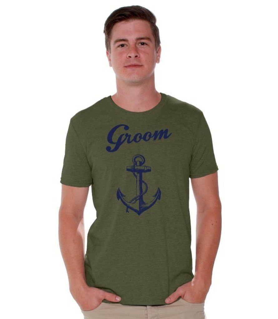 Awkwardstyles Men's Groom T-Shirt - Navy Blue Anchor Print Casual Beach Wedding Shirt for Groomsmen, Best Man & Beach Parties | Perfect for Summer Weddings, Bachelor Parties & Coastal Vacations