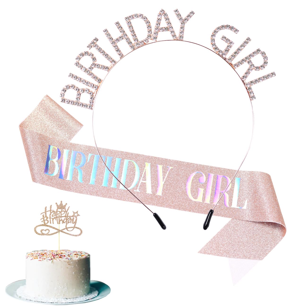 Rose Gold Birthday Headband for Women - Elegant Birthday Girl Sash & Crown Set for Girls and Women - Perfect Birthday Gift for Her - Happy Birthday Cake Topper - Party Accessories for Birthday Decorations (Great for Birthday Parties, Bridal Showers & Special Celebrations)