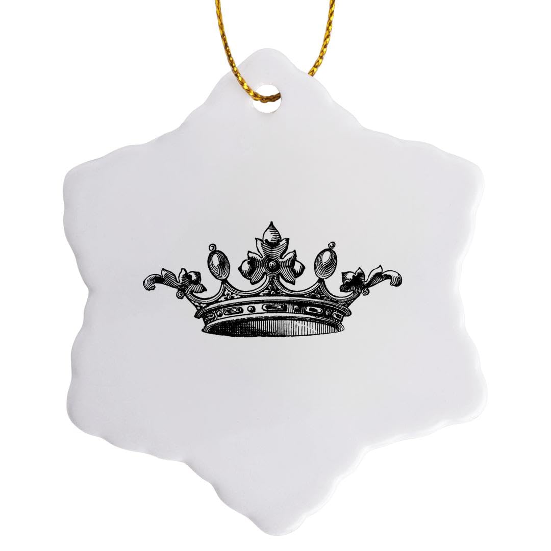 3D Rose Porcelain Snowflake Ornament - 3-Inch Majestic Crown Black & White Drawing, Royal Tiara Vintage Art - Perfect for Christmas Tree Decor, Gift Giving & Holiday Home Décor