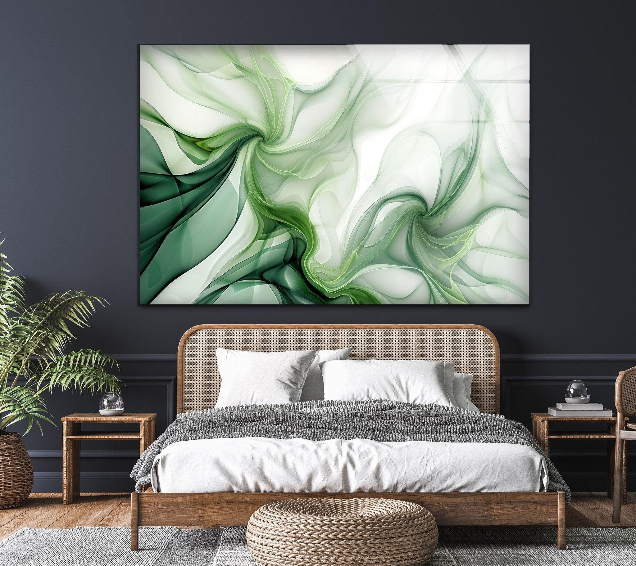 Abstract Green Ink Splash Glass Wall Art - Modern Home Decor for Living Room, Bedroom & Office - Unique Handmade Glass Painting for Contemporary Interior Design
