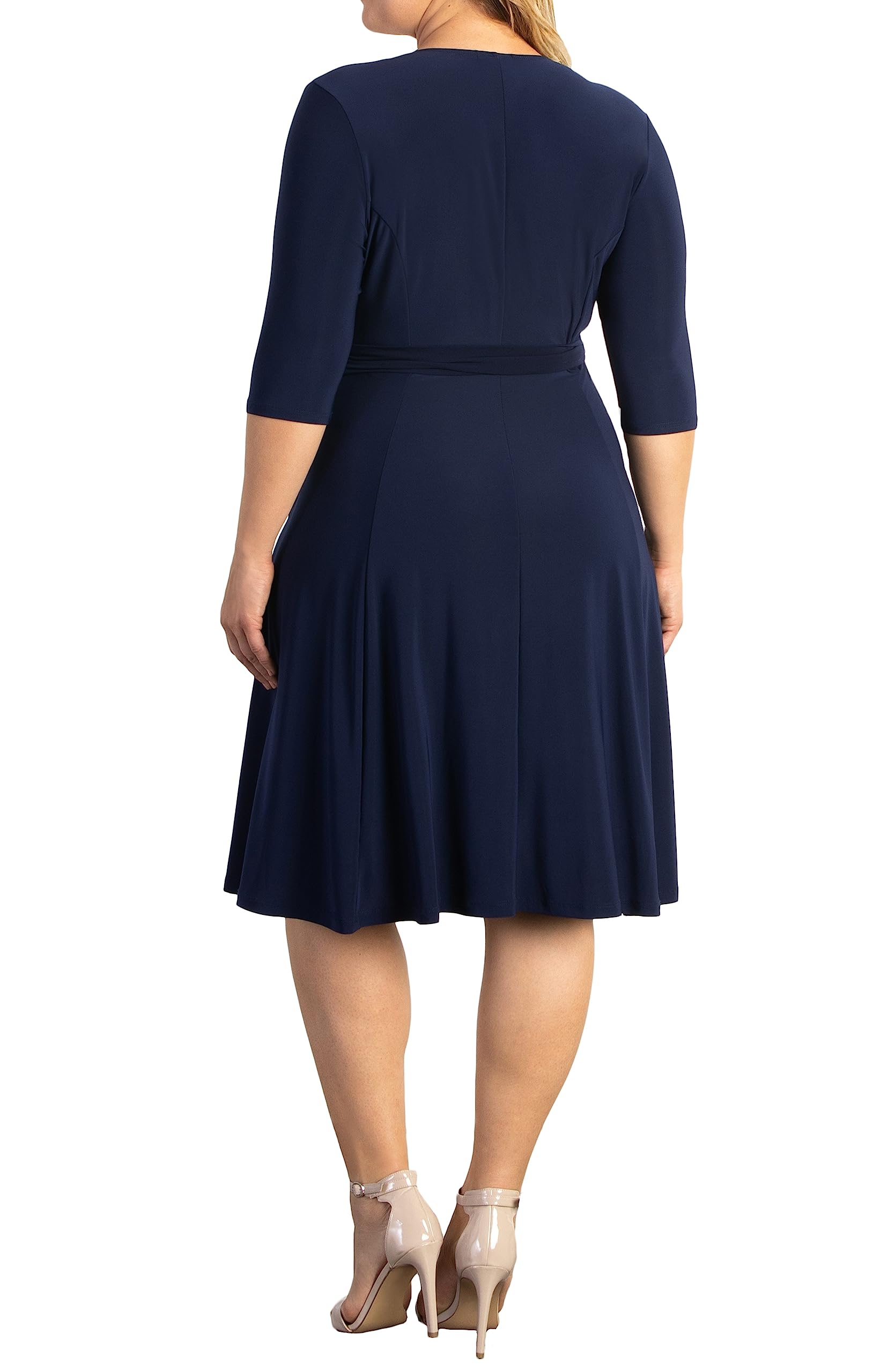 Kiyonna Women's Plus Size Essential Midi Wrap Dress with 3/4 Sleeves | Flattering Cocktail, Party, Wedding Guest & Work Dress | Perfect for Special Occasions & Office Wear