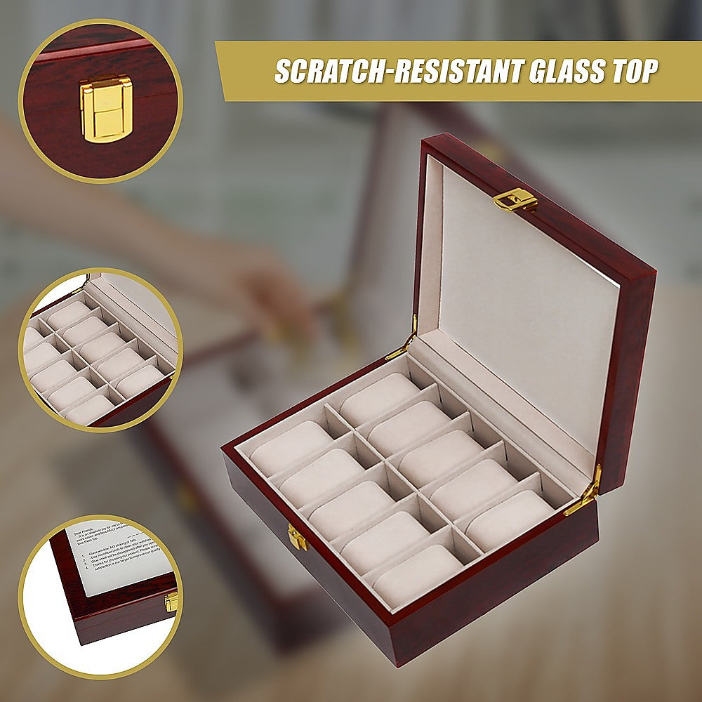 10-Slot Wooden Watch Display Case with Glass Top - Jewelry Storage Box for Watches, Rings, Necklaces - Perfect for Home, Office, and Retail Store Display