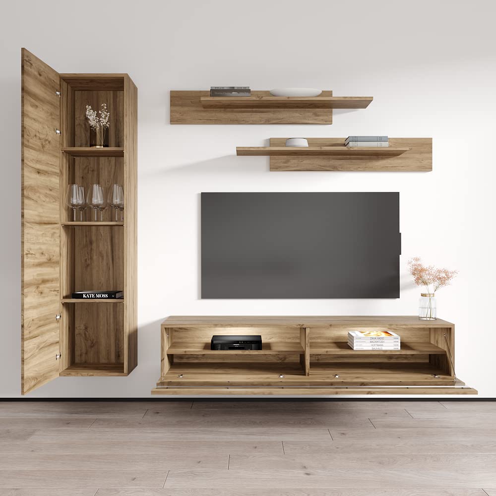 Modern Floating TV Stand with Storage & LED Lights - Wall-Mounted Entertainment Center for Bedroom & Living Room - Oak Wood TV Console with Shelves - Perfect for Small Spaces & Home Theater Setup