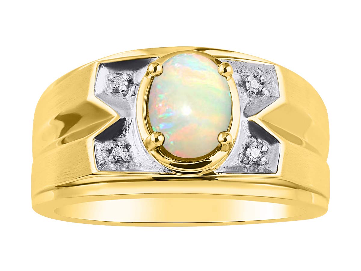Rylos Men's Yellow Gold Plated Silver Rings - Classic Designer Style 8X6MM Oval Gemstone & Genuine Diamond Ring with Opal October Birthstone - Size 8-13 - Perfect for Weddings, Anniversaries, and Gifts
