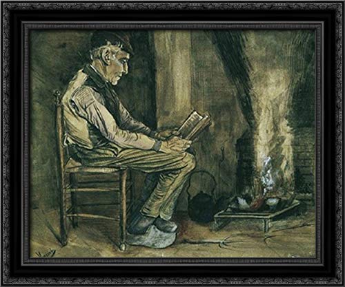 Vincent van Gogh Framed Canvas Art - Farmer Sitting by Fireside Reading - 24x20 Inch Black Ornate Wood Frame - Wall Decor for Living Room, Bedroom & Office