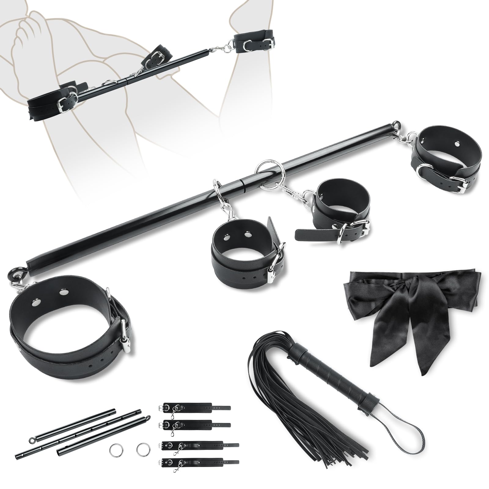 Premium BDSM Spreader Bar Bondage Kit with 4 Adjustable Cuffs, Whip & Blindfold - Black Adult Bondage Gear for Couples, SM Games & Sensual Play - Perfect for Bedroom Restraints, BDSM Scenes & Erotic Exploration