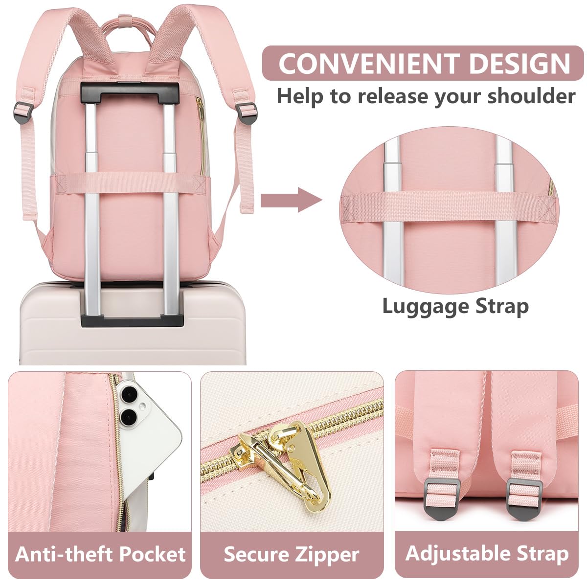 Women's Laptop Backpack for Work & Travel - 17 Inch Computer Backpack with USB Charging Port, Waterproof College Bookbag, Anti-Theft Business Bag for Women - Perfect for Nurses, Teachers & Students (Beige/Pink) - Ideal for Daily Commute, Business Trips & Campus Life