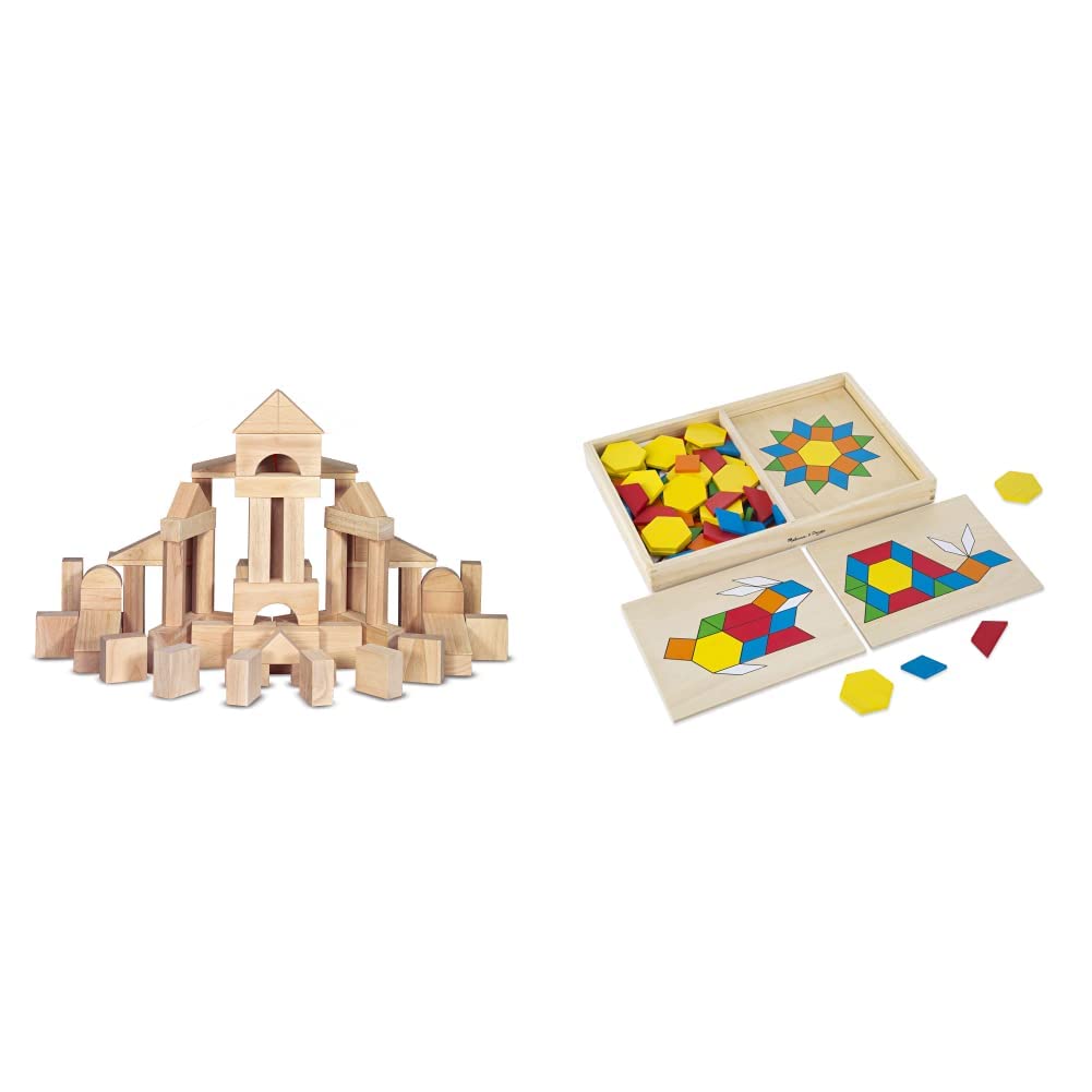 Melissa & Doug 60-Piece Solid Wood Building Blocks with Storage Tray & 120-Piece Pattern Blocks Set - Educational Wooden Toys for Kids with 5 Double-Sided Boards - Perfect for Preschool Learning, STEM Activities & Creative Play