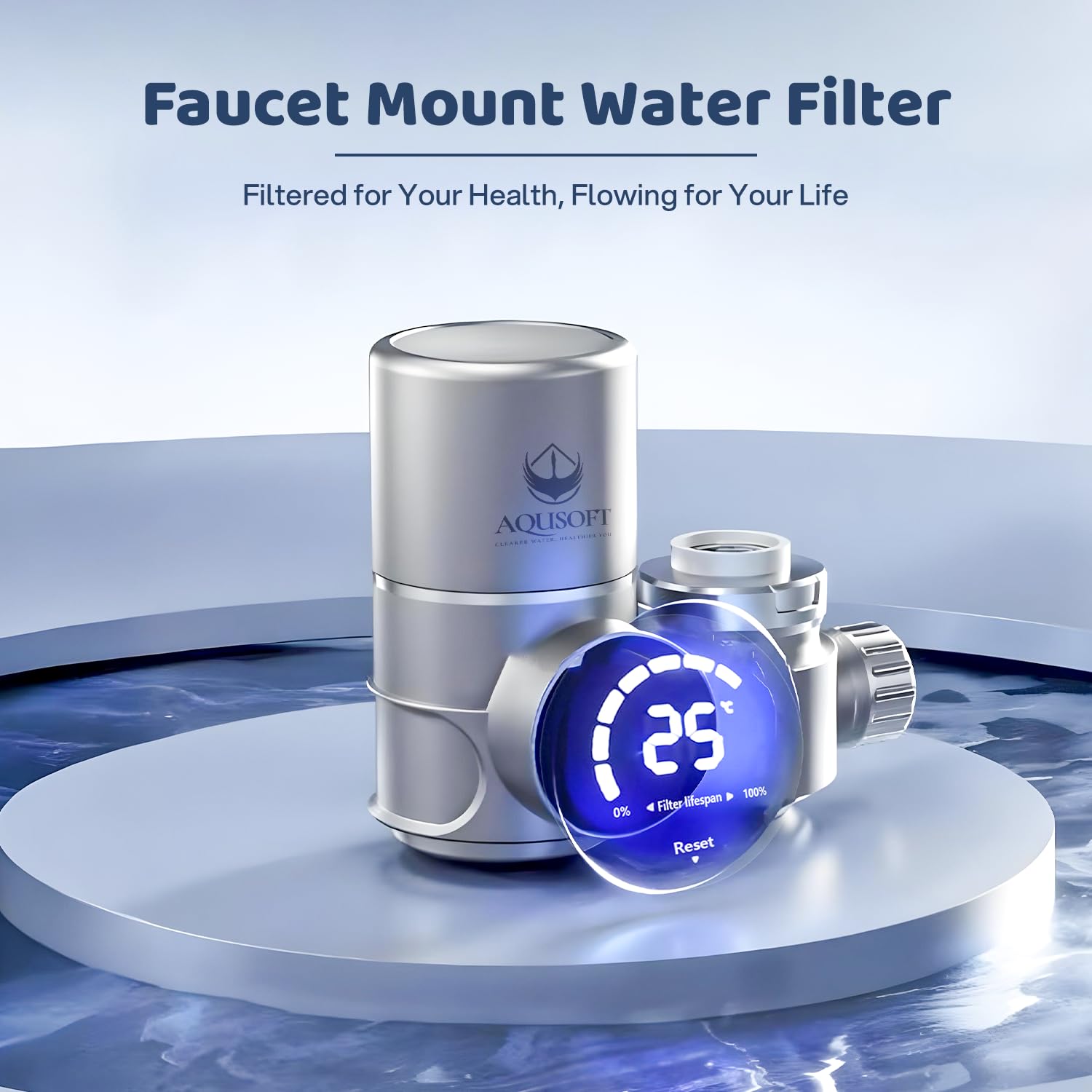 AQUSOFT Faucet Mount Water Filter with LED Indicator - 99% Filtration, Removes Impurities, Fits Standard Faucets | Includes 1 New 2.0 Filter Element | Perfect for Kitchen Sink, RV, Camping & Emergency Water Purification
