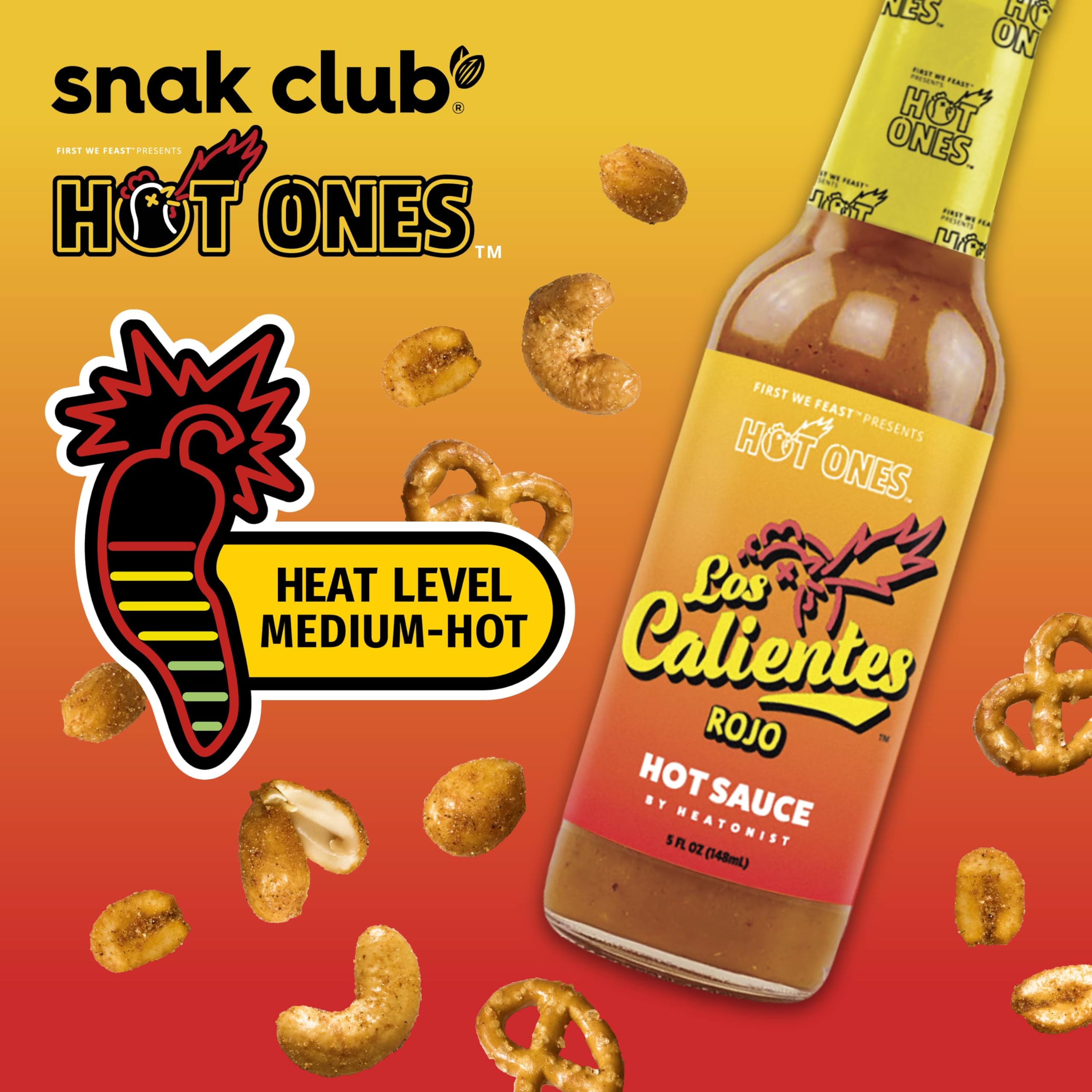 Hot Habanero Snack Mix by Snak Club x Hot Ones – Spicy Vegan Snacks with Peanuts, Pretzels, Sesame Sticks & Cashews – 2 oz Bags (12 Pack) – Perfect for Parties, Game Nights & Spicy Food Lovers