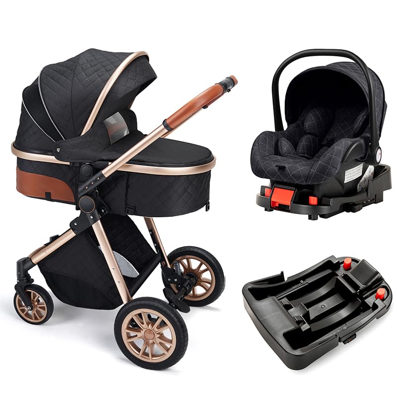Premium Baby Stroller - Luxury Gold Aluminum Frame Carriage with Large Storage Basket & Shock-Absorbing Wheels (Black with Base) | Perfect for Newborns, Toddlers, and Everyday Family Outings