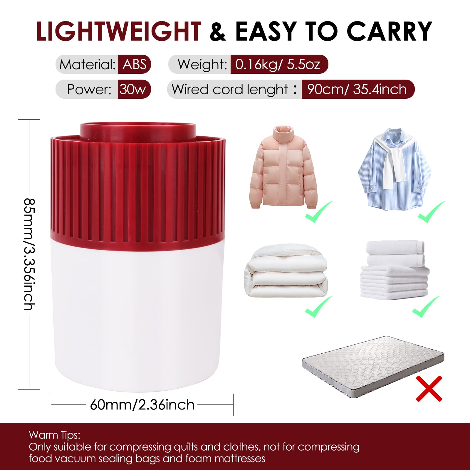 30W Electric Vacuum Pump for Large Storage Bags - Powerful US Plug-in Sealer for Clothes, Blankets & Seasonal Items (Bags Not Included) - Perfect for Space Saving & Home Organization