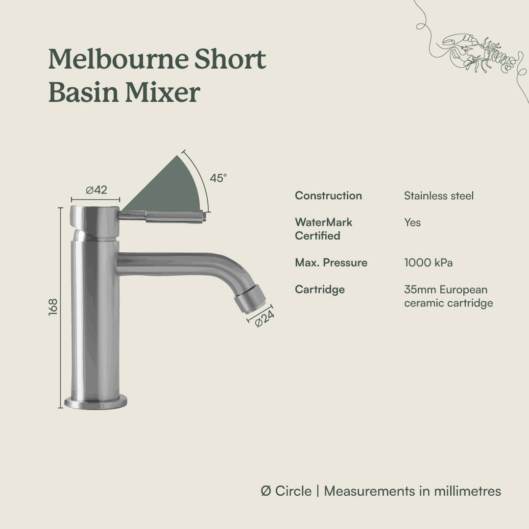 Brushed Brass Melbourne Short Basin Mixer - Modern Bathroom Faucet for Vanity Sinks & Powder Rooms