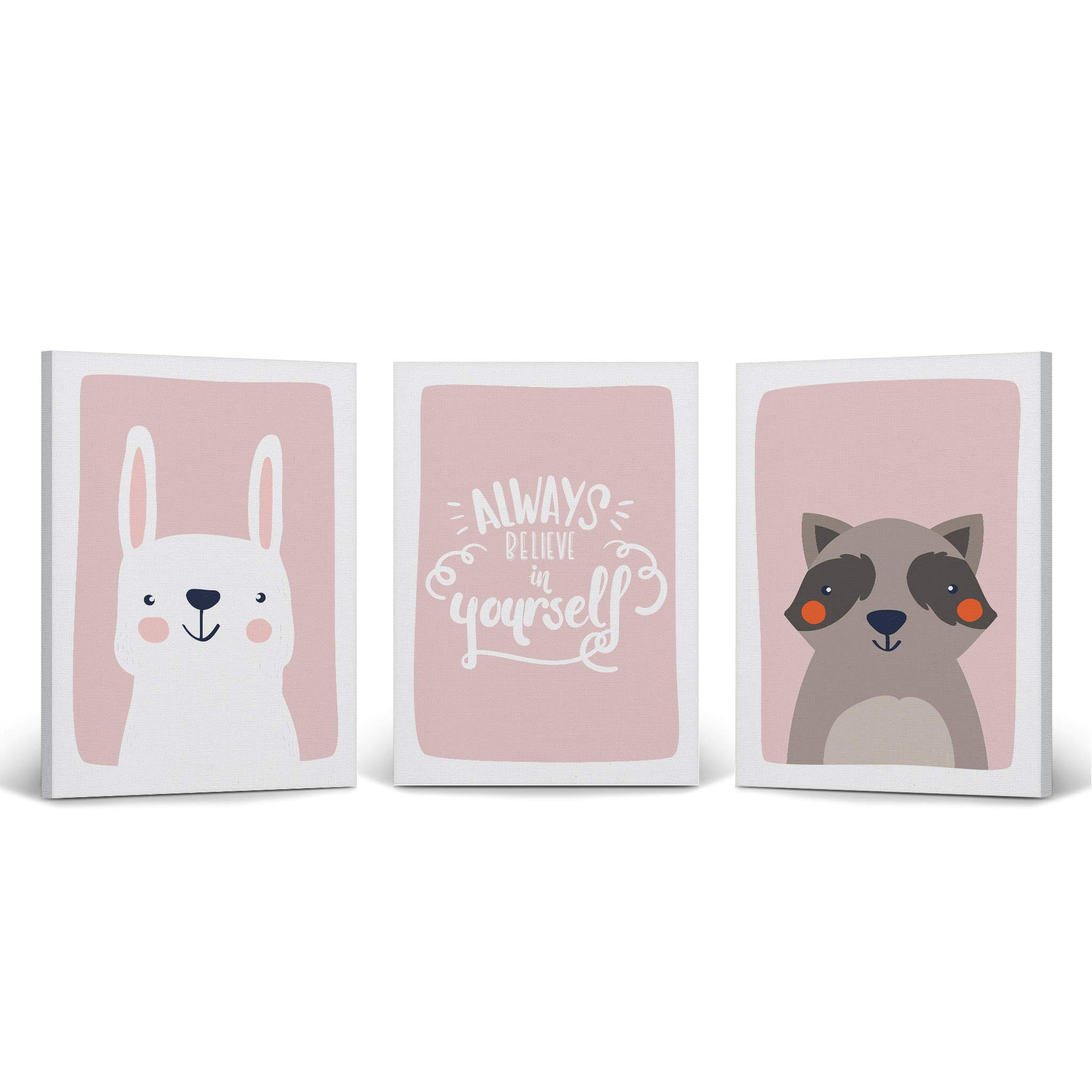 Cute Rabbit & Raccoon Canvas Wall Art Set - 3 Piece Nursery Decor with Inspirational Quotes on Pink Background (22x15 Inches) - Ready to Hang Kids Room Decor for Boys & Girls | Made in USA | Perfect for Baby Shower Gifts & Nursery Wall Decor
