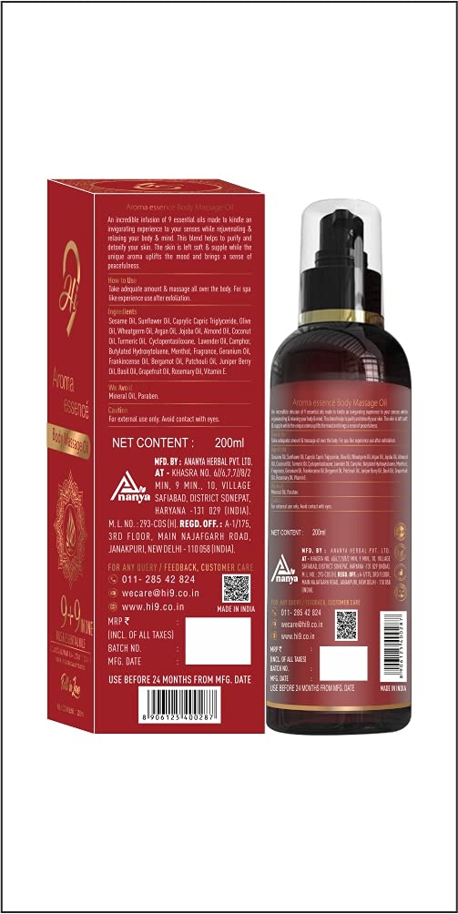 Hi9 Aroma Essence Body Massage Oil - 200ML | Rejuvenating & Relaxing Full Body Massage Oil for Men & Women | Purifying & Hydrating Spa Therapy Oil for Stress Relief & Skin Care | Perfect for Couples Massage, Home Spa & Self-Care Rituals