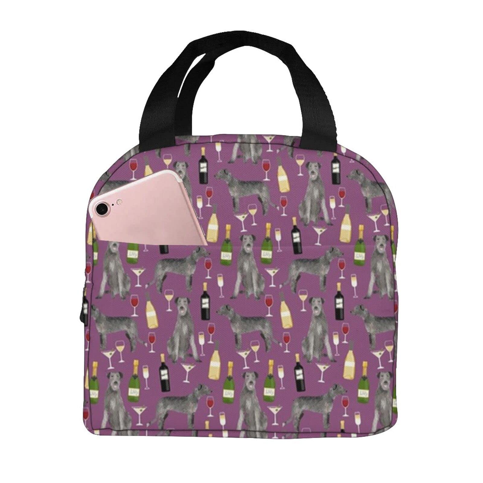 Irish Wolfhound Wine Cocktails Dog Breed Insulated Lunch Tote Bag - Purple Reusable Lunch Box for Women & Men - Perfect for Work, School, Picnics and Outdoor Activities