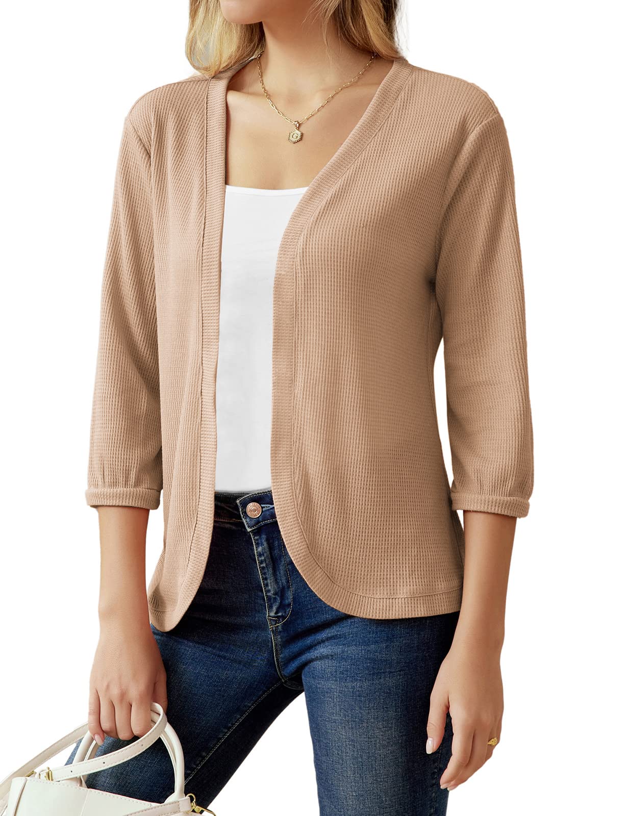 GRACE KARIN Women's 3/4 Sleeve Open Front Waffle Knit Cropped Cardigan Sweater | Casual Fall & Spring Layering Piece for Office, Date Night & Coffee Outings