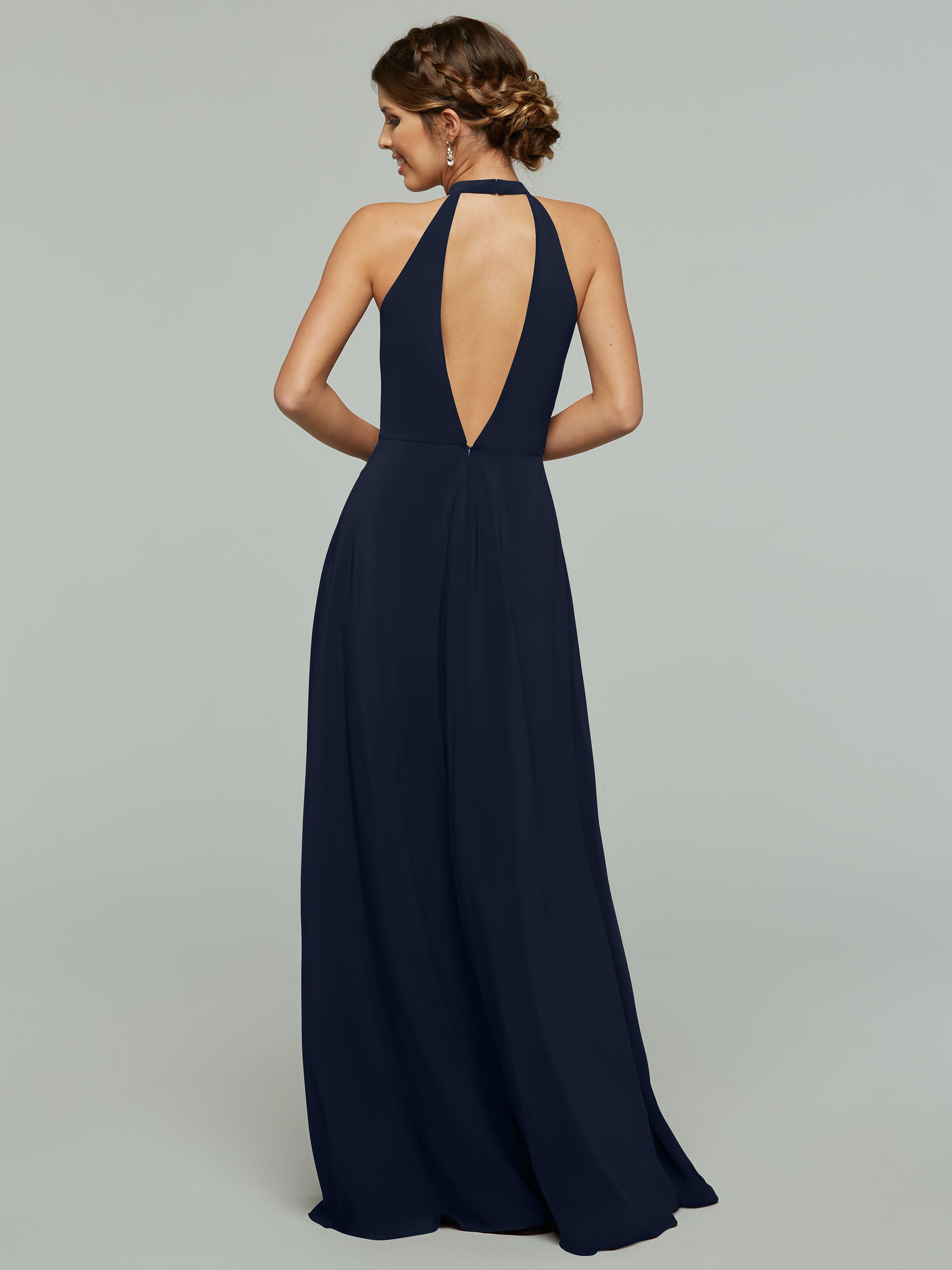 Elegant 80115 Stretch Chiffon A-Line Bridesmaid Dress with Plunging Halter Neckline - Perfect for Weddings, Formal Events & Special Occasions