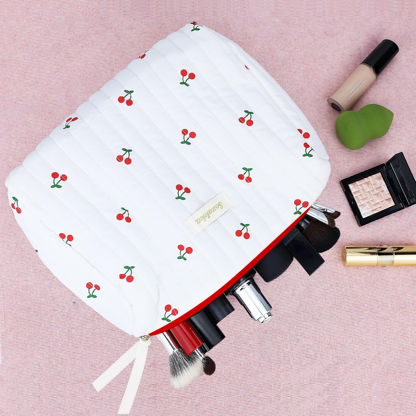 Large Quilted Cotton Makeup Bag for Women - Travel Cosmetic Organizer Pouch with Little Cherry Print | Perfect for Toiletries, Makeup Storage & Travel Essentials