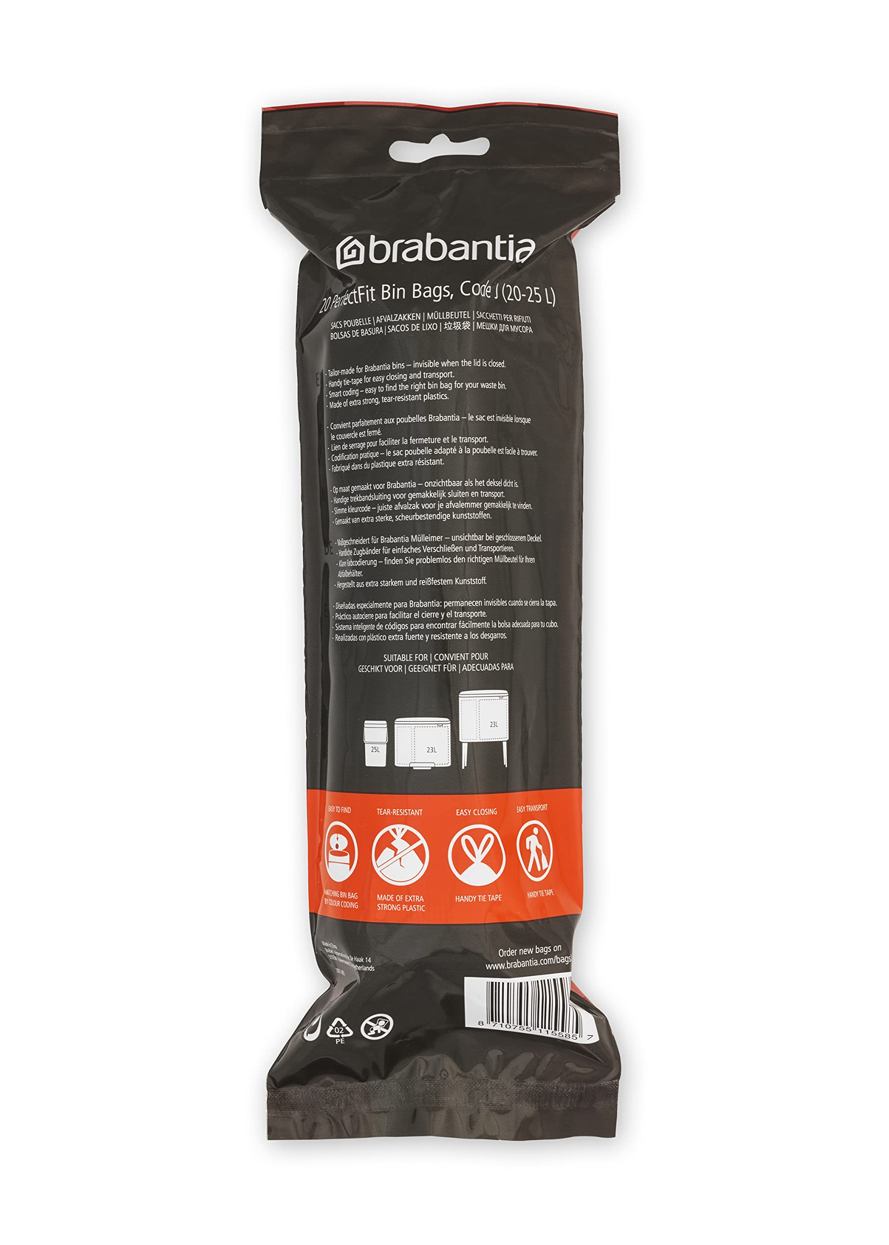 Brabantia PerfectFit Trash Bags Size J (5.3-6.6 Gallon) - Heavy Duty Drawstring Trash Can Liners, 120 Count - Perfect for Kitchen, Bathroom & Office Waste Disposal