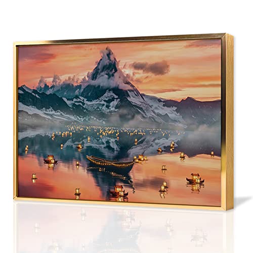Premium Gold Framed Canvas Wall Art - 24x36 Inch Mountain & Lamp Reflection Landscape Painting, Abstract Artwork for Bedroom, Office & Home Decor (Ready to Hang Aluminum Frame) - Perfect for Living Room Accent Wall, Modern Interior Design & Housewarming Gifts