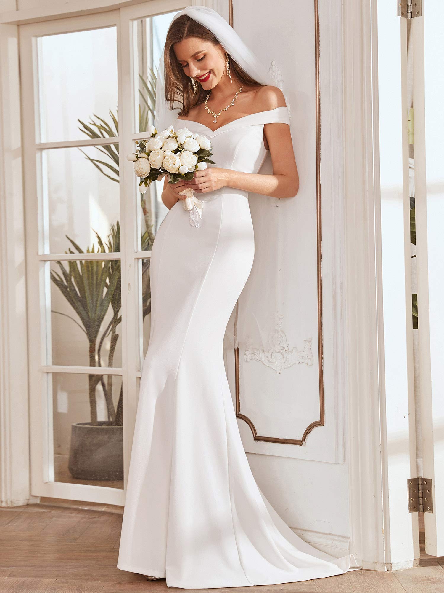 Ever-Pretty Women's Off-Shoulder Mermaid Sweep Train Long Wedding Dress for Bride 0247 - Elegant Bridal Gown for Beach, Church & Formal Weddings