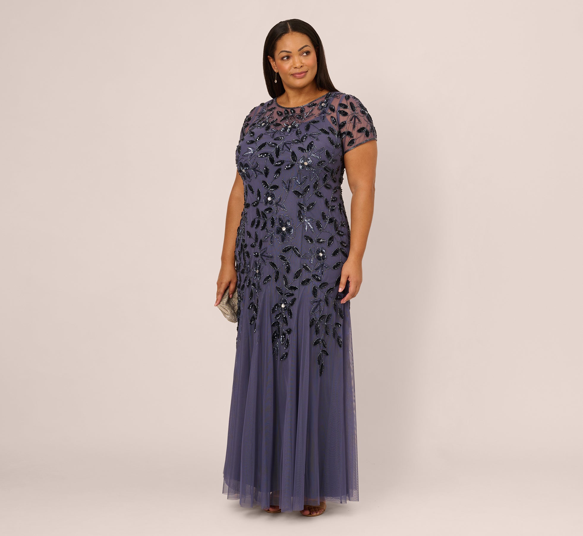 Plus Size Hand Beaded Short Sleeve Floral Godet Gown In Smoky Peri - Elegant Evening Dress for Women, Wedding Guest Dress, Special Occasion Gown