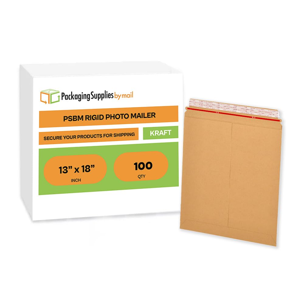 PSBM 13x18 Inch Rigid Mailers - 100 Pack Kraft Brown Cardboard Shipping Envelopes for Photos, Documents & Small Items | Self-Seal Padded Mailing Envelopes | Perfect for Ecommerce, eBay, Amazon & Office Shipping
