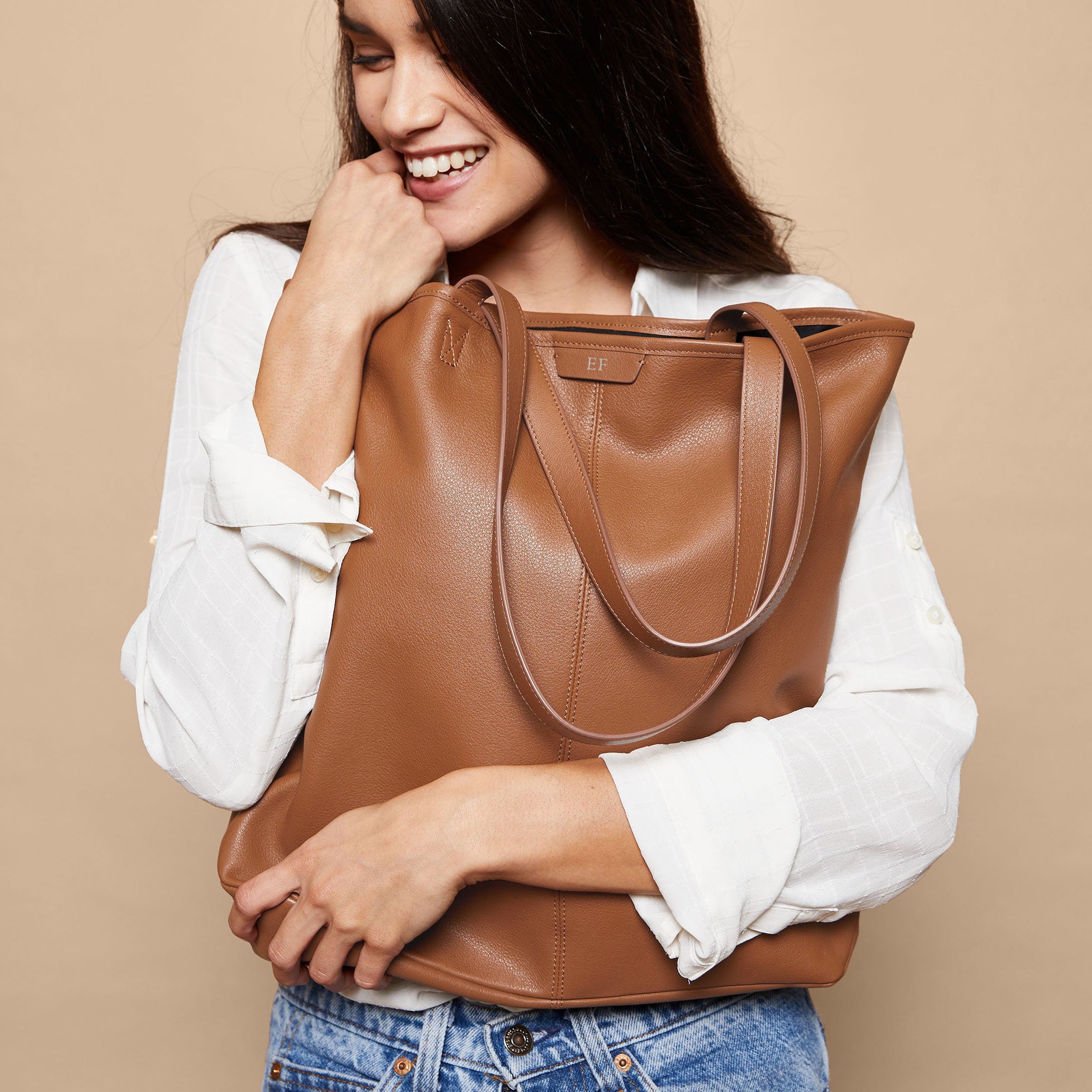 Uptown Vertical Tote Bag in Cognac Brown - Stylish Leather Handbag for Women, Perfect for Work, Travel & Everyday Use