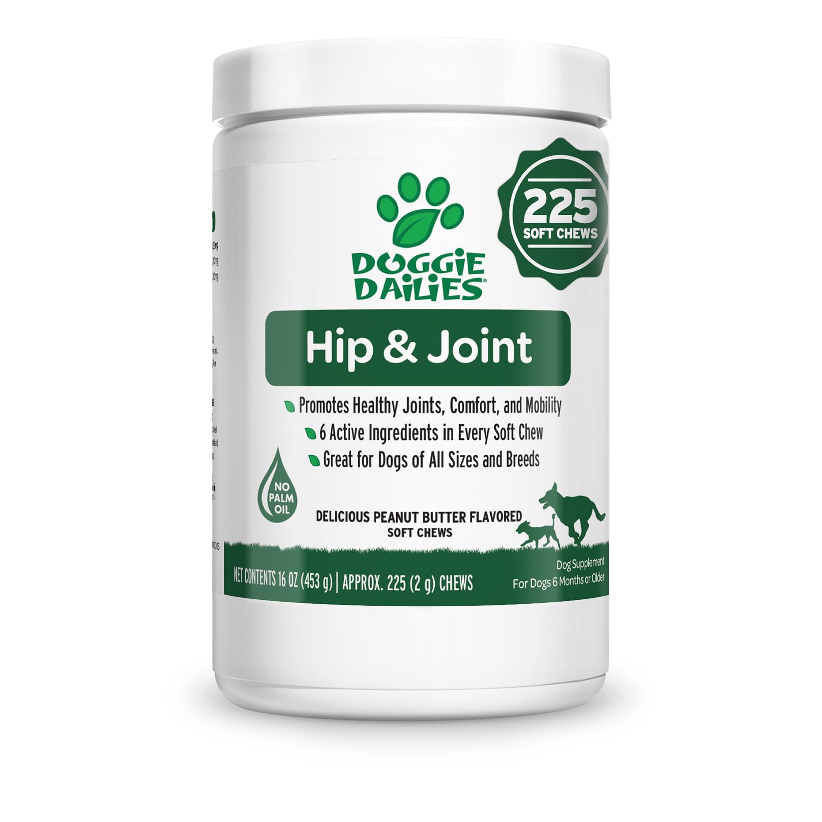 **Doggie Dailies Glucosamine for Dogs - 225 Peanut Butter Flavored Chews - Hip & Joint Supplement for All Breeds & Sizes - Premium Glucosamine & Chondroitin - Supports Mobility & Comfort for Active & Senior Dogs**