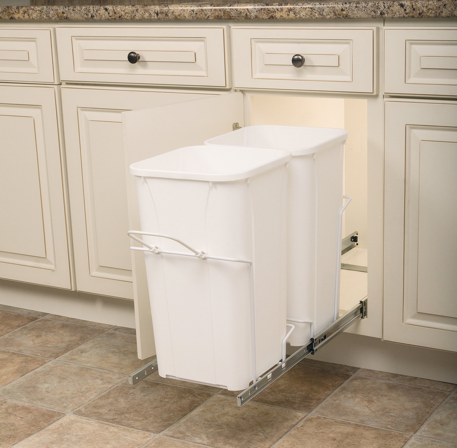 Knape & Vogt SBM12-2-27WH White Pull Out Trash Can - 27 Quart Under Cabinet Waste Bin, 18.75