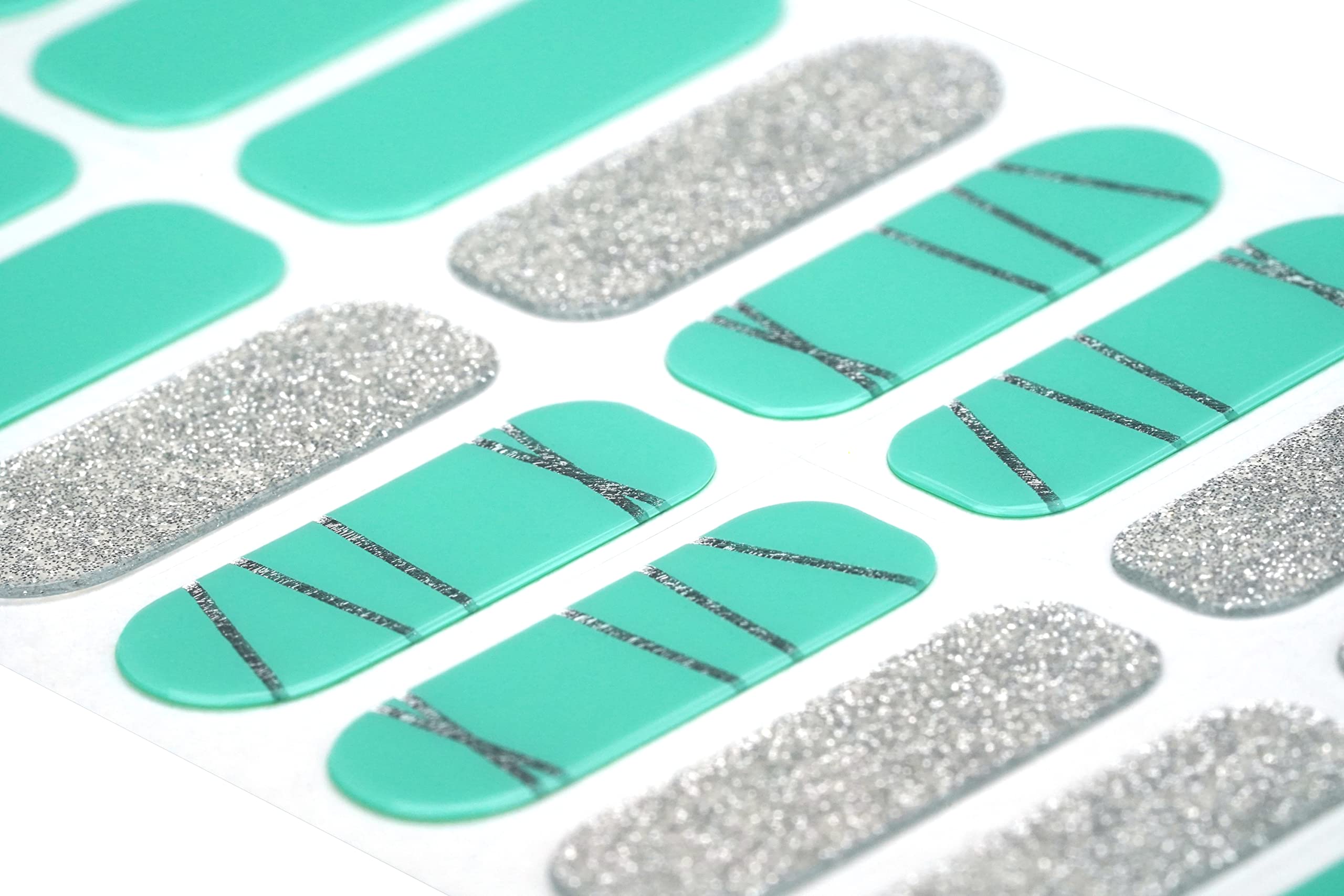 22 Premium Semi-Cured Gel Nail Polish Strips with Application Accessories - Teal, Silver Lines & Glitter for Stunning Nail Art | Perfect for Parties, Weddings & Special Occasions