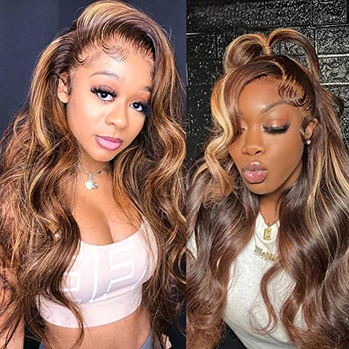 28 Inch 13x6 Transparent HD Lace Front Wig - 4/27 Highlight Body Wave Human Hair - 180% Density Ombre Honey Blonde - Pre Plucked with Baby Hair - Deep Part Lace Frontal Wig for Black Women - Perfect for Daily Wear, Parties, and Special Occasions