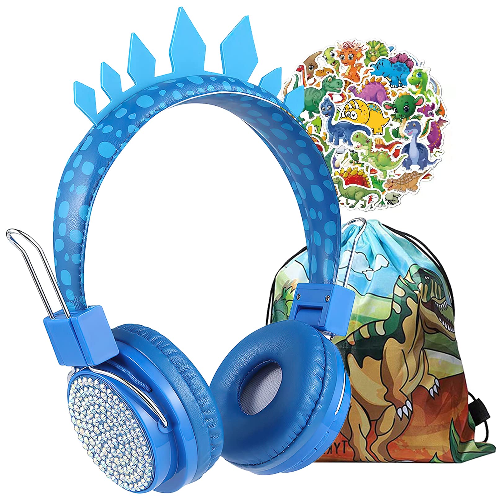 Wireless Bluetooth Headphones for Kids with Dinosaur Bag & Stickers - Built-in Mic, Over-Ear HD Stereo Sound - Perfect for Online Learning, School, Travel & Tablets - Includes 3.5mm Jack Nylon Cable (Blue)