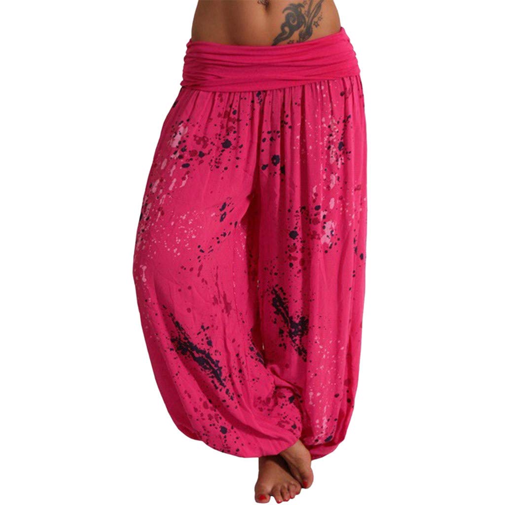 Women's Printed Linen Casual Pants - Loose Fit Wide Leg Beach Pants with Elastic Waistband | Comfortable Summer Vacation, Travel & Lounge Wear