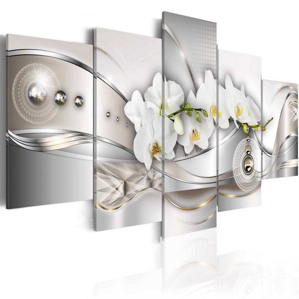 Large Vibrant Flower Canvas Wall Art - Pearl Orchids Print Modern Decor 5-Panel Painting | White Floral HD Picture Framed Ready to Hang (60x30 inches) | Perfect for Bedroom, Living Room & Office Decor