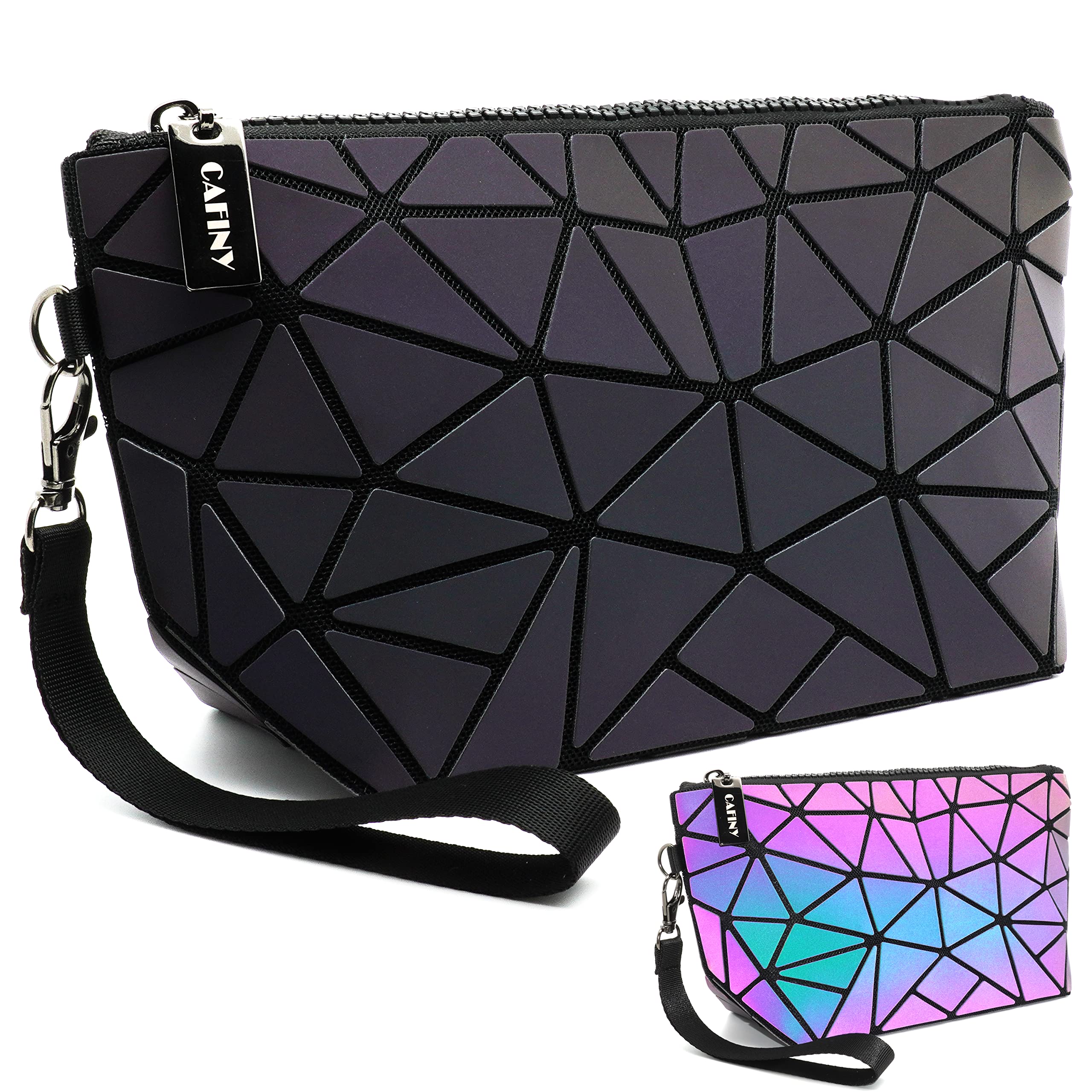 Holographic Makeup Bag for Women - Small Clutch Purse with Geometric Luminous Design, Cosmetic Pouch & Wristlet for Daily Use - Perfect for Travel, Parties, and Gift Giving
