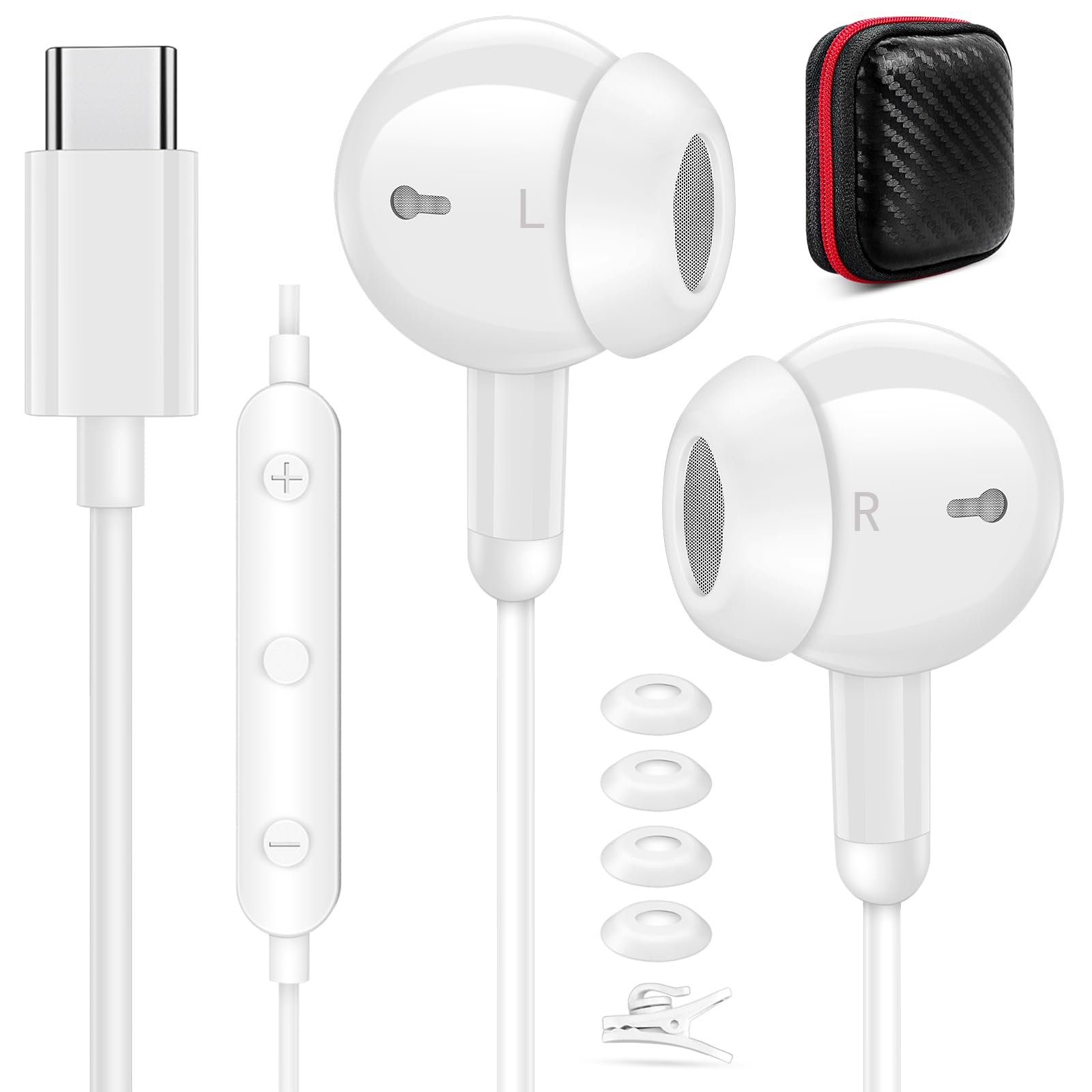 COOYA USB C Wired Earbuds with Microphone & Volume Control - HiFi Stereo In-Ear Type-C Earphones for iPhone 16 Pro Max/16e/15, iPad 10/Air, Samsung S25 Ultra/S24/A16/S23/A56, Pixel 9 (White) - Perfect for Gaming, Work Calls & Music Listening